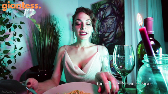 Mistress Pomf - Hungry Giantess Seasoning Snack With Tiny Man On Her Plate