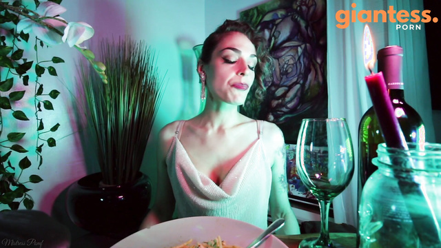 Mistress Pomf - Hungry Giantess Seasoning Snack With Tiny Man On Her Plate