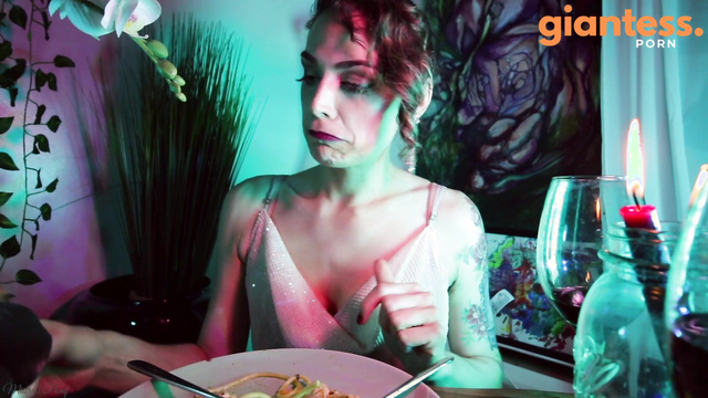Mistress Pomf - Hungry Giantess Seasoning Snack With Tiny Man On Her Plate