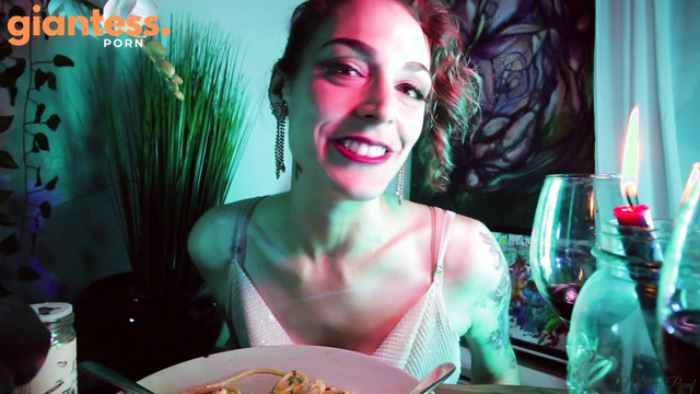 Mistress Pomf - Hungry Giantess Seasoning Snack With Tiny Man On Her Plate