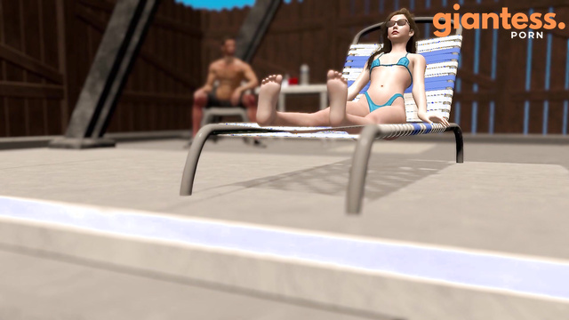 Poolside Growth: Giantess In Blue Bikini With Her Horny Lover