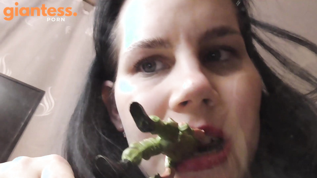 Anna Sky - Giantess Woman Eating a Tiny Plastic Man in Her Bedroom